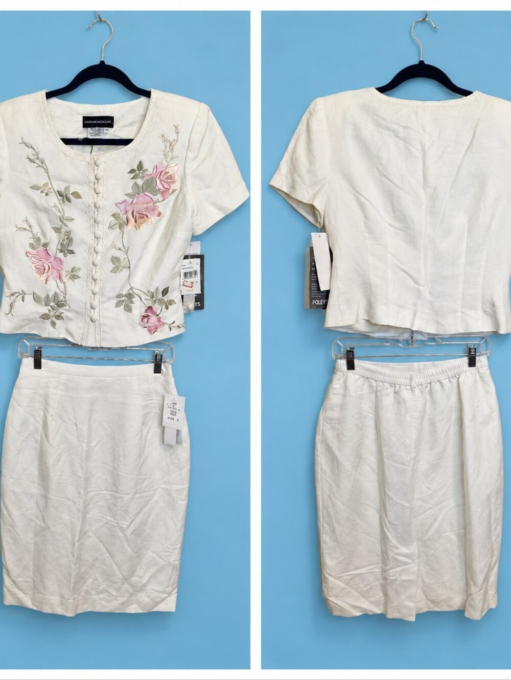 Donna Morgan Cream Two-Piece Skirt Set with Pink Rose Embroidery